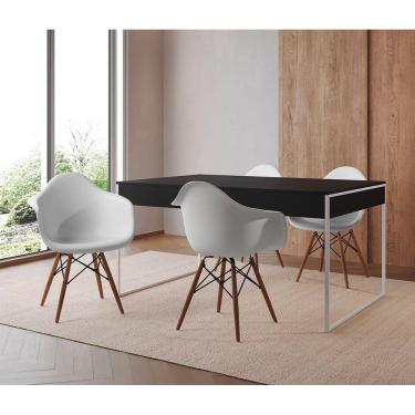 Imagem de Mesa Jantar Industrial Filadélfia Preta 137X90Cm Base Ferro Branco Com 4 Poltronas Brancas Preto