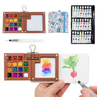 Imagem de UKQRRTC Mini conjunto de tinta aquarela, madeira de nogueira, conjunto de aquarela de viagem de 24 cores com paleta de 15 grades, caixa de tinta, caderno de esboços, pincel, design de clipe de metal