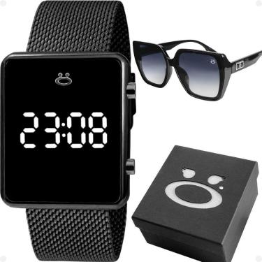Imagem de Relogio Digital Feminino Preto Aço Inox + Caixa + Oculos Sol Qualidade Premium Led Perola Academia