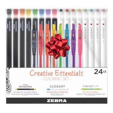 Imagem de Zebra Pen Conjunto de 24 peças Creative Essentials, inclui 8 marcadores ClickArt, 8 lápis de cor e 8 canetas de gel retráteis Sarasa Clip, cores sortidas (76124)