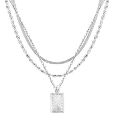 Imagem de Colar de prata feminino, design de três camadas com pingente retangular, ajustável, sem níquel, sem chumbo, caixa de presente incluída