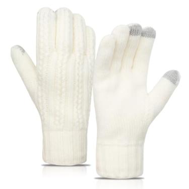 Imagem de Long Keeper Luvas de inverno, mulheres, homens, luvas tricotadas com tela sensível ao toque, luvas elásticas e quentes com forro de lã para dirigir, correr e andar de bicicleta (brancas, tamanho único