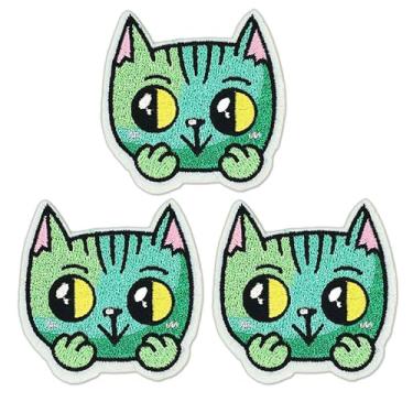 Imagem de Patch fofo de gatos de desenho animado, 3 peças de cabeça de gato pequeno ferro na costura bordado emblema para roupas infantis jaqueta jeans mochilas