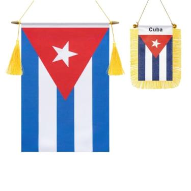Imagem de Pacote com 2 bandeiras de parede de Cuba, mini bandeira cubana pendurada na janela do carro, acabamento acetinado, tecido resistente, bandeiras patrióticas para decoração de espelho retrovisor de
