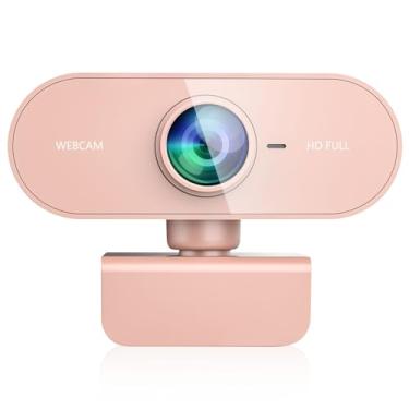 Imagem de QMKKX Webcam para PC com microfone, Full HD 1080P Rosa Streaming Web Cam com microfone para laptop Mac, câmera de computador pequena para desktop, câmera facial barata para videoconferência, zoom