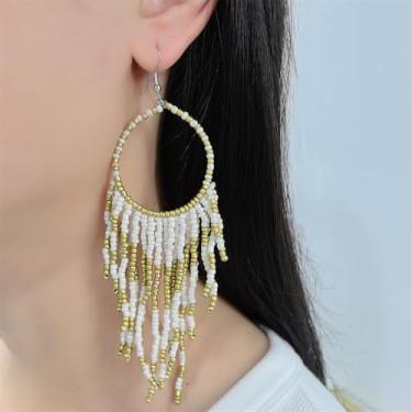 Imagem de Brincos femininos com franja longa com pingente boho com contas de bola boho com corrente de argola e franja de gancho pendurado, lustre tribal, joia exagerada para apanhar sonhos, Large, Metal, Sem