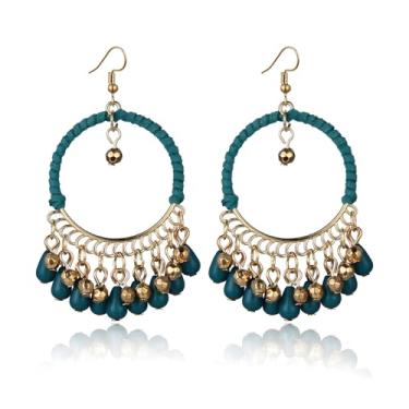 Imagem de Brinco feminino boho mexicano de filigrana com pingente de borla com contas de lágrima verde joia étnica vintage, Moderate type, Metal, Sem pedra preciosa