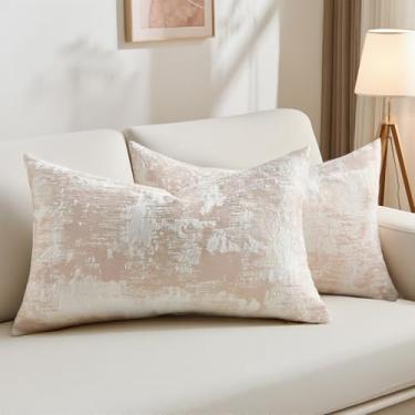 Imagem de HAUSSY Capas de almofada rosa e branca 30,5 x 50,8 cm, conjunto de 2 fronhas decorativas de caxemira neutra jacquard de caxemira texturizada e macia para sofá para sala de estar, cama, decoração de
