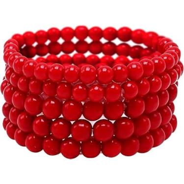 Imagem de NKTDWO Conjunto de 5 pulseiras de pérolas douradas para mulheres – Pulseiras elásticas de ouro, joias de casamento para dama de honra, Adjustable, Resina, Sem Pedra Preciosa