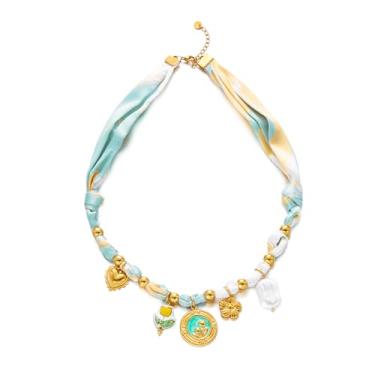 Imagem de Harlermoon Colar de cachecol com coração, flor, branco, rosa, azul, bandana ajustável, gargantilha de seda ocidental para mulheres, boho, praia, joias de cerâmica, Medium, Aço inoxidável, Sem Pedra