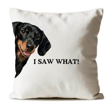 Imagem de CosxHabitat Capas de almofada engraçadas de dachshund, presentes para amantes de cães Wiener para mulheres, I Saw What almofada para decoração de casa, 45,7 x 45,7 cm