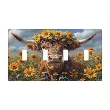 Imagem de Nadoabtm Capas para interruptores de luz, vintage, girassol, vaca highland, arte rústica, quadriciclo, placa elétrica para parede de 4 grupos, placas decorativas para decoração de quarto de fazenda