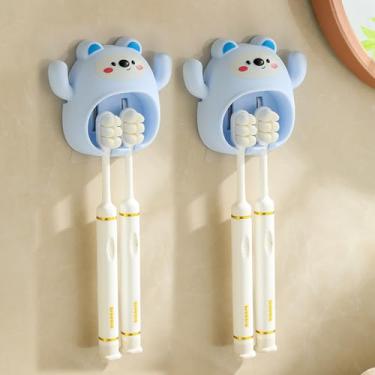 Imagem de 2 peças/conjunto de suporte de escova de dentes de desenho animado bonito gancho de montagem de parede engraçado com ventosa de parede acessórios de decoração de banheiro presente, 8,2 * 9,8 cm (azul)