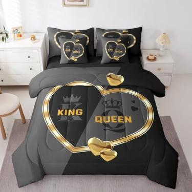 Imagem de Conjunto de edredom com coroa de rei e rainha, romântico, dourado, branco, coração amoroso, Queen, 7 peças, cama de casamento cinza e preta para adultos, homens e mulheres, decoração de quarto