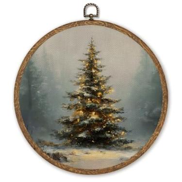 Imagem de WMSYUO Arte de parede redonda de Papai Noel, impressão em tela vintage de casa de fazenda, 25 x 25 cm, pintura clássica de Papai Noel para decoração de casa de Natal ou presente para amigos familiares