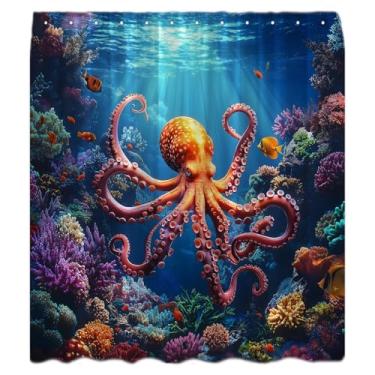 Imagem de Cortina de chuveiro polvo bacana oceano mar animal tentáculo coral algas marinhas mundo subaquático peixes tropicais vida marinha decoração náutica conjunto de cortinas de banheiro com ganchos