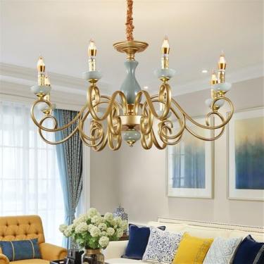 Imagem de Lustre de cerâmica europeu com velas e LED, estilo retrô americano, para sala de estar, restaurante, quarto, escritório, casa de campo, hotel ou café (G 8 lâmpadas)