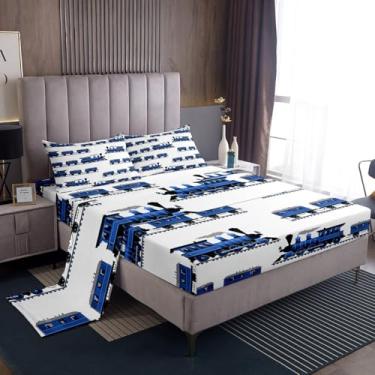 Imagem de Jogo de cama solteiro vintage, trem a vapor azul, 3 peças, para decoração de quarto de crianças, meninas, meninos, adolescentes, lençol com elástico, lençol de cima, 1 fronha