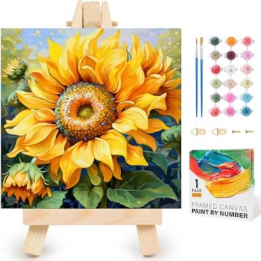 Imagem de Kit de pintura emoldurada por números para adultos iniciantes e crianças de 8 a 12 anos, kits de pintura de girassol para adultos por números em tela emoldurada com cavalete, kits de pintura a óleo