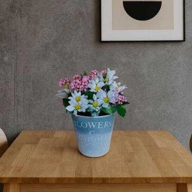 Imagem de Lizzi Home Decor Arranjo Floral Artificial com Margaridas Brancas e Flores Rosa em Vaso de Alumínio Azul, 29cm Altura, Decoração Casa e Escritório