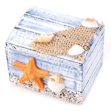 Imagem de Caixa de joias de madeira estilo mediterrâneo, feita à mão, portátil, pequena, com design de estrela do mar, perfeita para casa, mesa, escritório, decoração, presente, branco,