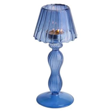 Imagem de Gurfuy Castiçais de furacão em forma de lâmpada de mesa grande - suporte de vela de vidro azul decorativo de cristal para mesa de jantar de casamento centros de mesa decoração de festa
