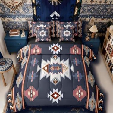 Imagem de Erosebridal Conjunto de edredom solteiro ocidental com lençol | Conjunto de cama geométrico de 7 peças boêmio asteca em uma bolsa, tribo étnica e flecha, azul marinho