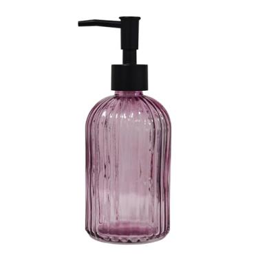 Imagem de Dispensador de sabão de vidro Black Pump, 382 g com listra roxa, frasco líquido recarregável, dispensador de loção para mão com bomba de plástico, para cozinha, bancada de banheiro