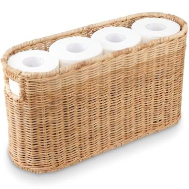 Imagem de Cesta de armazenamento de papel higiênico, suporte de papel higiênico com armazenamento para até 8 rolos, decoração de banheiro costeira, acessórios de banheiro de vime (Rattan natural, 6 mega rolos)