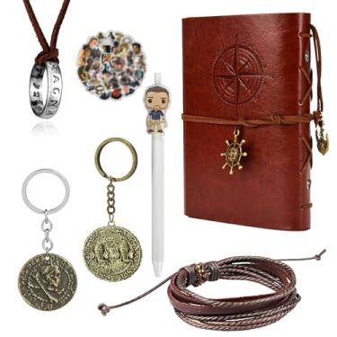 Imagem de UoYu YouU 31 peças Uncharted 4 colares pulseira de couro Drake gravado crânio ouro moeda pingente adesivos de filme vintage couro náutico caderno de escrita