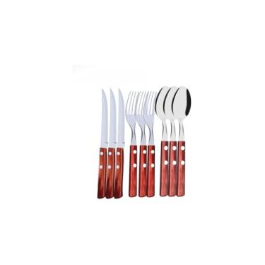 Imagem de Conjunto de Facas de Mesa, 12 Peças em Aço Inox com Cabo de Madeira, Design Rústico, 21cm x 1,7cm, Acabamento Natural