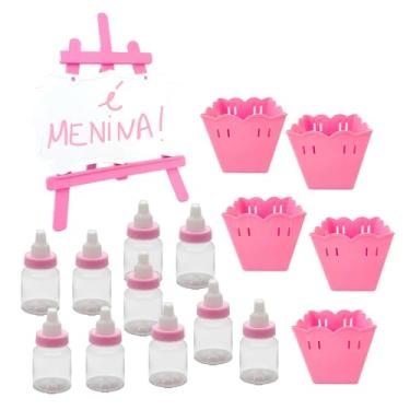 Imagem de Kit Mimo Tema: Chá de Bebê, Fraldas, Festa Revelação Lembrancinha Infantil Decoração de Mesa Doces (1 placa 10 cachepo 10 mamadeira rosa)