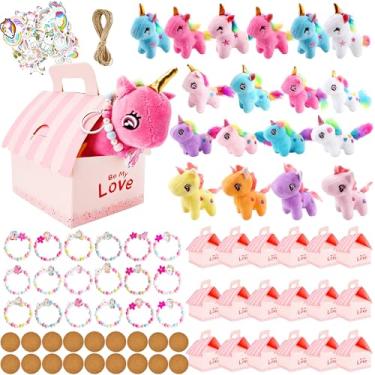 Imagem de Flahard 173 Pcs Unicorn Party Favors Include 18 Mini Plush Unicorn Keychains 18 Boxes 18 Bracelet 18 Cards 100 Stickers and 5m Rope for Adopt a Unicorns Party Favors Birthday Gifts