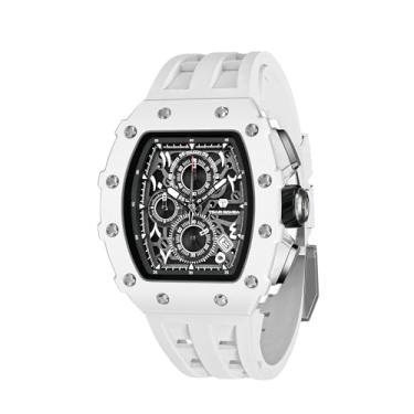 Imagem de TSAR BOMBA Relógio masculino com cronógrafo em forma de barril 50 m impermeável luxuoso relógio esqueleto elegante relógio masculino legal e esportivo movimento de quartzo japonês cristal de safira