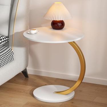 Imagem de BSNANCA Mesa lateral vintage em forma de C com rodas e bandeja de cama para laptop, mesa de centro branca retrô com parte superior redonda e prateleira de armazenamento de cabeceira. (ouro branco 40 x