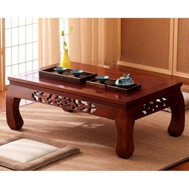 Imagem de Mesa de chá de tatame japonês, mesa de chão de janela de madeira com entalhe tradicional | Mesa baixa de madeira maciça para sala de estar e varanda criativa |Sem montagem com bordas lisas pequena