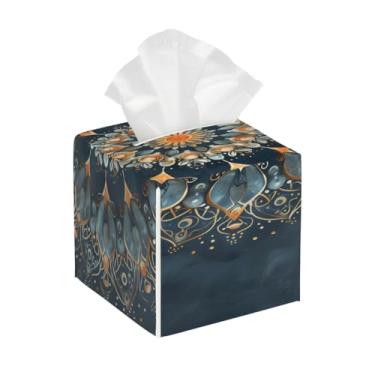 Imagem de Porta-lenços de couro quadrado à prova d'água mandala flor Bohemia organizador de papel facial com cinto inferior cubo estojo de lenços para mesa, banheiro, escritório, mesa, carro, decorativo