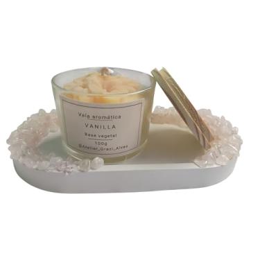 Imagem de Vela Aromática Vanilla, Base Vegetal, 100g, com Bandeja Decorativa em Cristais