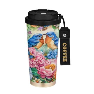 Imagem de SEHANY Caneca de café de viagem Blue Birds 482 g com tampa revestida de cerâmica e à prova de vazamento, parede dupla, isolada a vácuo, copo de aço inoxidável para bebidas quentes e frias
