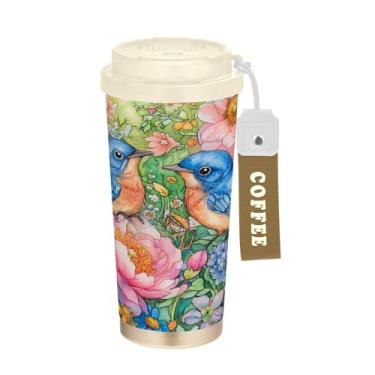 Imagem de SEHANY Caneca de viagem de pássaro colorida de 482 g Copos de café reutilizáveis revestidos de cerâmica com tampa à prova de vazamento, parede dupla, copo de café de aço inoxidável isolado a vácuo
