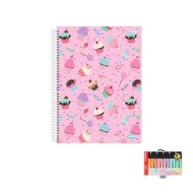 Imagem de Kit Caderno Feminino Capa Dura 10 Matérias 200 Folhas + Caneta Esferográfica 0.7mm + Marca Texto Pastel