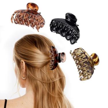 Imagem de Clipes de cabelo para mulheres e meninas, pacote com 3 clipes de garra de casco de tartaruga de 6 cm fileira dupla de plástico durável grampos de mandíbula de cabelo médio presilhas de cabelo forte