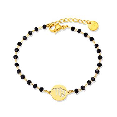 Imagem de Pulseira feminina do signo do zodíaco, pingente de signo do zodíaco de aço inoxidável dourado, pulseira de corrente de contas pretas e signo do zodíaco, presentes adequados para mulheres, One Size