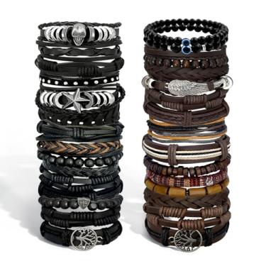 Imagem de Zobnexts 31 pulseiras de couro trançado para homens e mulheres pulseiras punk com contas de madeira ajustáveis cordas de cânhamo étnicas tribais artesanais pulseira punk gótico olho turco caveira