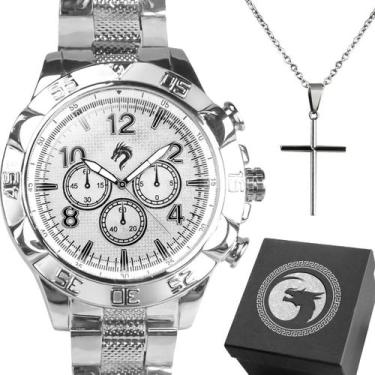 Imagem de relogio prata masculino prova dagua + caixa original preto religioso r