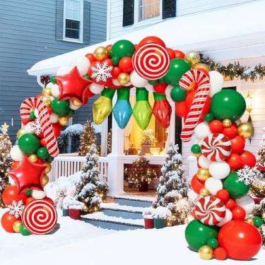 Imagem de Kit de arco de guirlanda de balão de Natal, 158 peças de balões brancos dourados e verdes vermelhos com lâmpada de Natal, bengala doce, balão de alumínio para decorações de festa de Natal, aniversário