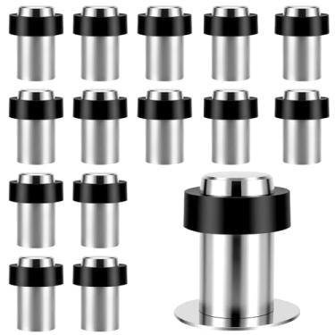 Imagem de TAICHEUT 15 batentes de porta montados no chão, rolha cilíndrica de 5 x 3 cm com borracha preta, batentes de porta de chão para portas comerciais, fácil de instalar, prata