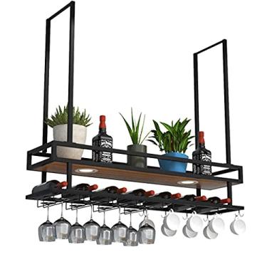 Imagem de Rack de vinho de ferro para pendurar no teto, suporte para copos de vinho, armazenamento de 2 camadas, suporte de taça de cabeça para baixo e suporte de vidro para caneca para adega, família
