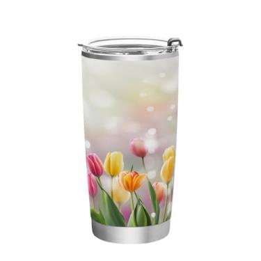 Imagem de Wassud Copo de 590 ml com tampa e canudo colorido tulipas de aço inoxidável parede dupla copo isolado caneca de café de viagem para bebidas frias e quentes