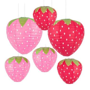 Imagem de Lanterna de papel de morango, 6 peças de decorações de festa com tema de frutas, decorações de aniversário de morango, enfeites de pendurar fofos, decoração de quarto de menina, lagarta faminta